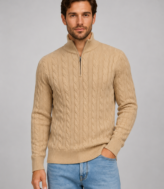 Men's Quarter Zip Funnel Neck Cable Knitted Jumper