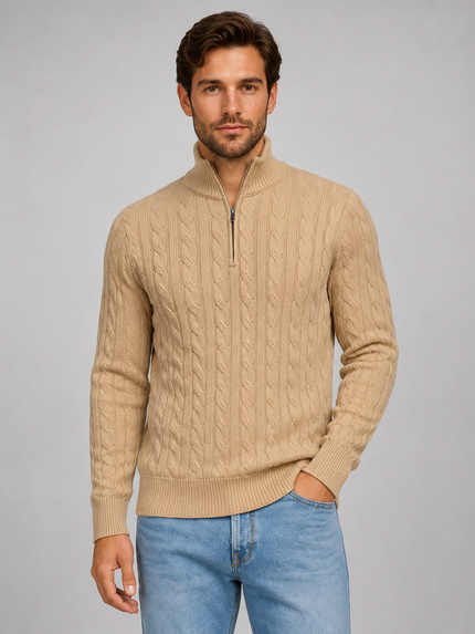 Men's Quarter Zip Funnel Neck Cable Knitted Jumper