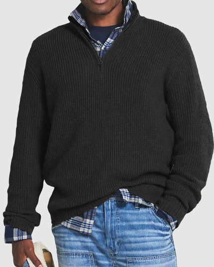Men's Quarter-Zip Ribbed Knit Sweater Business Casual Pullover - Black