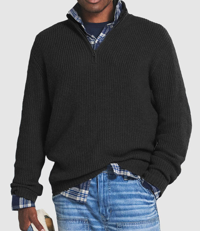 Men's Quarter-Zip Ribbed Knit Sweater Business Casual Pullover - Black