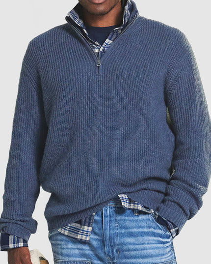 Men's Quarter-Zip Ribbed Knit Sweater Business Casual Pullover - Blue