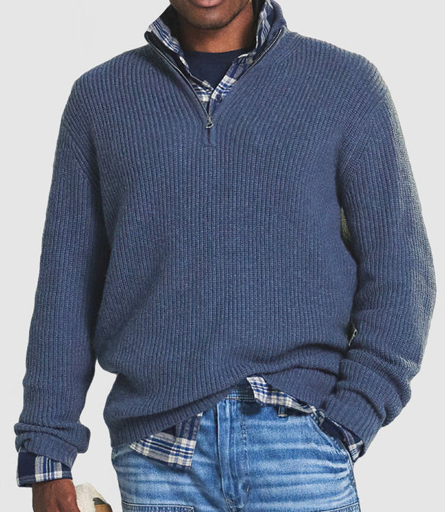 Men's Quarter-Zip Ribbed Knit Sweater Business Casual Pullover - Blue
