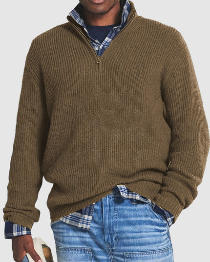Men's Quarter-Zip Ribbed Knit Sweater Business Casual Pullover - Brown