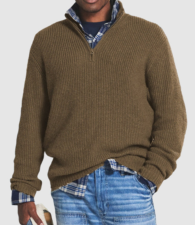 Men's Quarter-Zip Ribbed Knit Sweater Business Casual Pullover - Brown
