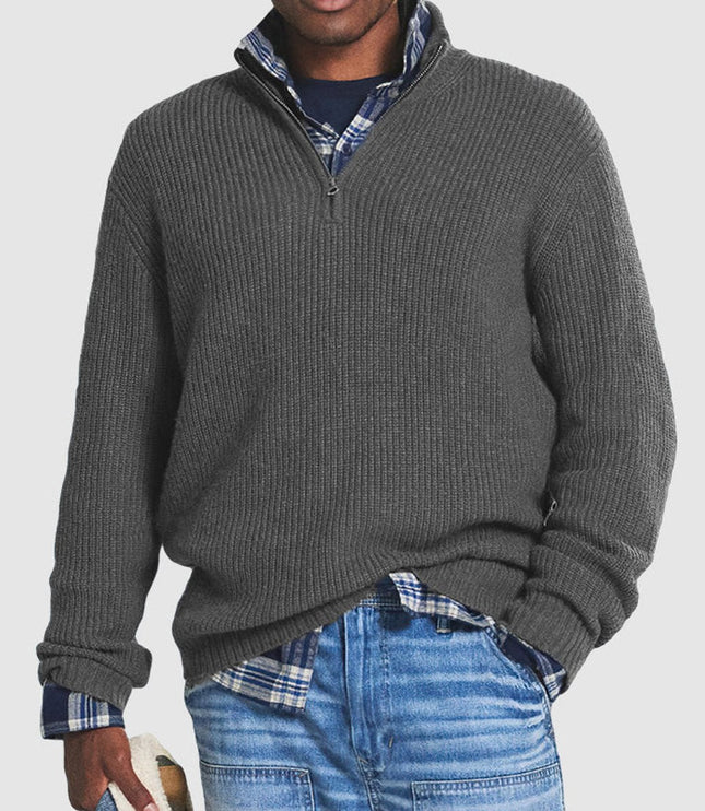 Men's Quarter-Zip Ribbed Knit Sweater Business Casual Pullover - Gray
