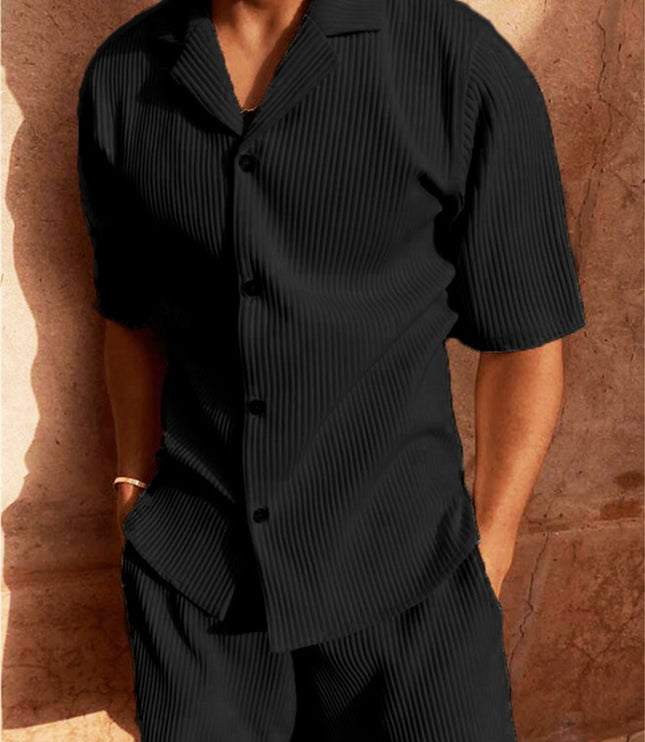 Black ribbed short sleeve button-up shirt with coordinating shorts