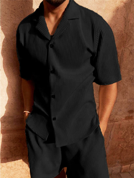 Black ribbed short sleeve button-up shirt with coordinating shorts