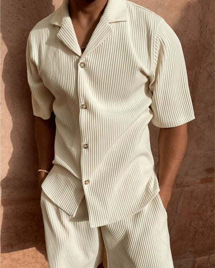 Cream ribbed short sleeve button-up shirt with matching shorts set