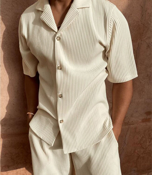 Cream ribbed short sleeve button-up shirt with matching shorts set