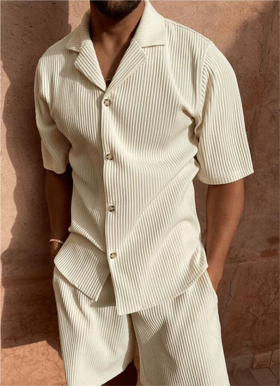 Cream ribbed short sleeve button-up shirt with matching shorts set