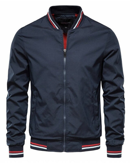 Men's Solid Zip-Up Bomber Jacket Ribbed Collar Cuffs