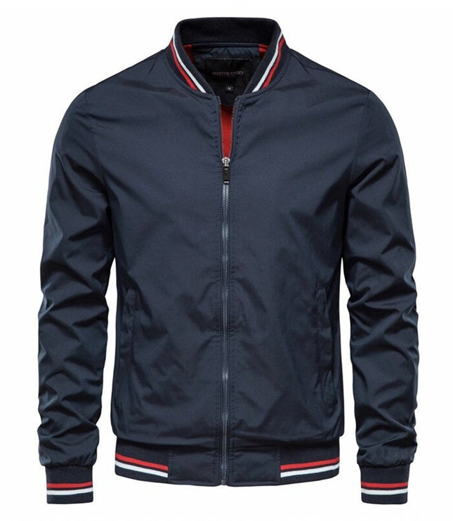 Men's Solid Zip-Up Bomber Jacket Ribbed Collar Cuffs