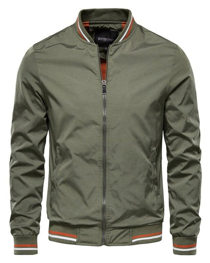Men's Solid Zip-Up Bomber Jacket Ribbed Collar Cuffs