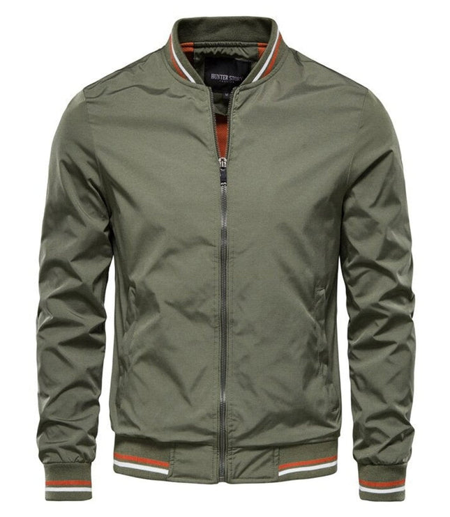 Men's Solid Zip-Up Bomber Jacket Ribbed Collar Cuffs