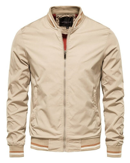 Men's Solid Zip-Up Bomber Jacket Ribbed Collar Cuffs