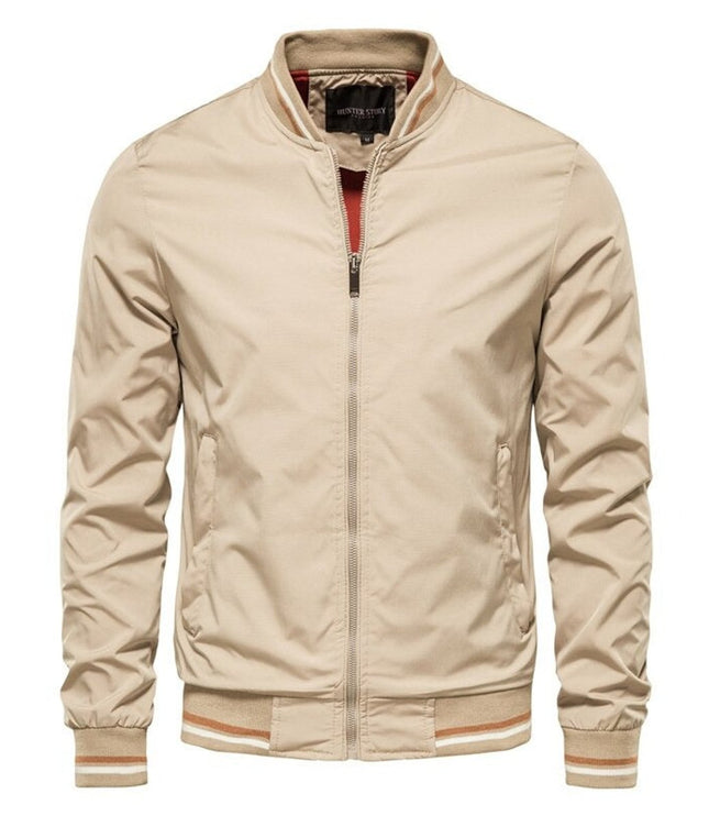 Men's Solid Zip-Up Bomber Jacket Ribbed Collar Cuffs