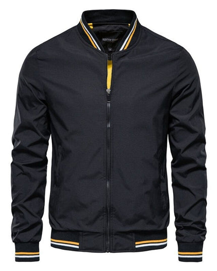 Men's Solid Zip-Up Bomber Jacket Ribbed Collar Cuffs