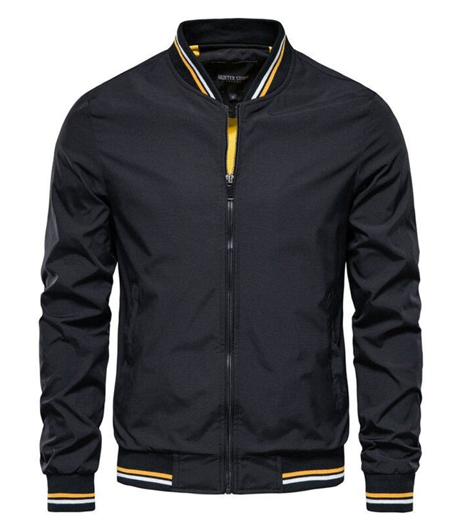 Men's Solid Zip-Up Bomber Jacket Ribbed Collar Cuffs