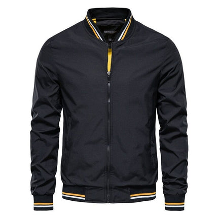 Men's Solid Zip-Up Bomber Jacket Ribbed Collar Cuffs