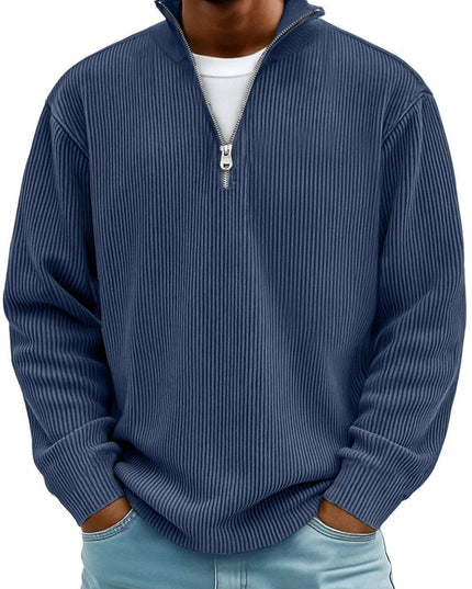 Men's Ribbed Knit Sweater Quarter-Zip Pullover - Navy Blue