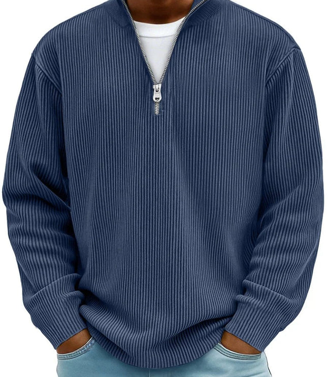 Men's Ribbed Knit Sweater Quarter-Zip Pullover - Navy Blue