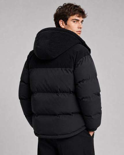 Men's Ribbed Shoulder Roomy Hood Puffer Jacket