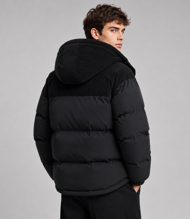 Men's Ribbed Shoulder Roomy Hood Puffer Jacket