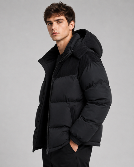 Men's Ribbed Shoulder Roomy Hood Puffer Jacket