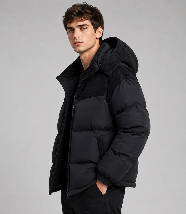 Men's Ribbed Shoulder Roomy Hood Puffer Jacket