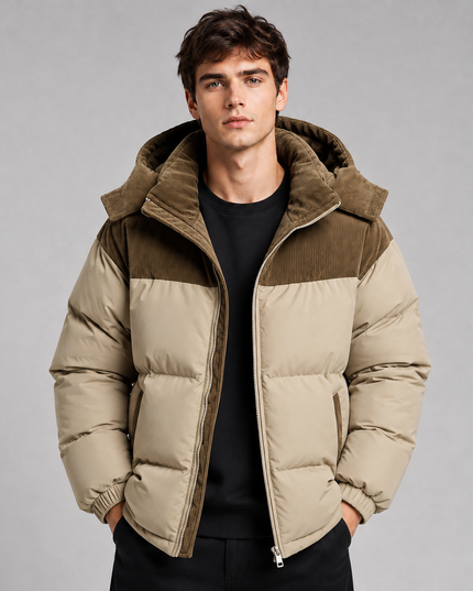 Men's Ribbed Shoulder Roomy Hood Puffer Jacket