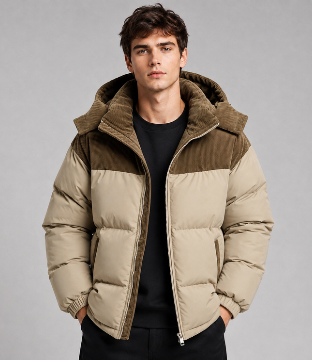 Men's Ribbed Shoulder Roomy Hood Puffer Jacket