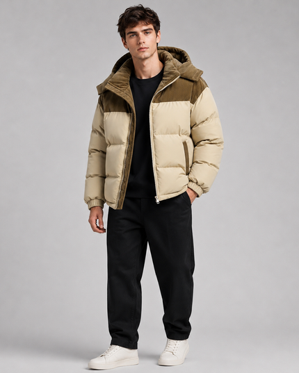Men's Ribbed Shoulder Roomy Hood Puffer Jacket