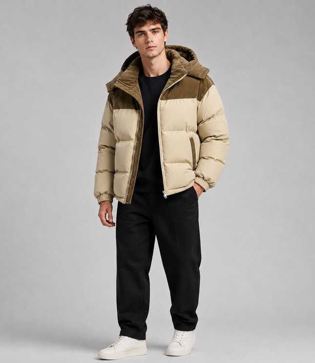Men's Ribbed Shoulder Roomy Hood Puffer Jacket