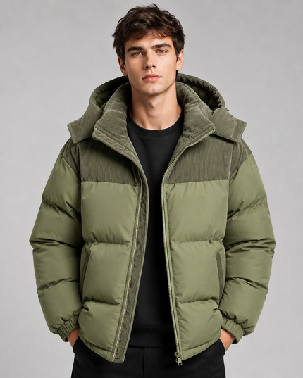 Men's Ribbed Shoulder Roomy Hood Puffer Jacket