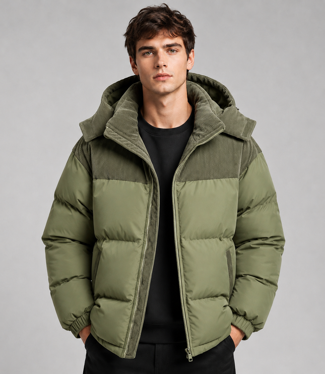 Men's Ribbed Shoulder Roomy Hood Puffer Jacket