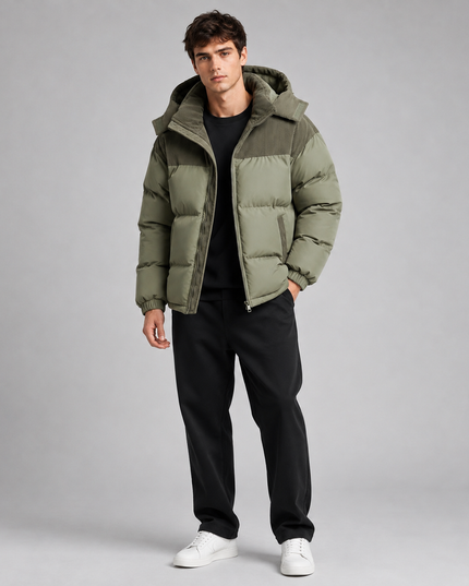 Men's Ribbed Shoulder Roomy Hood Puffer Jacket