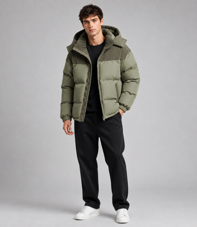 Men's Ribbed Shoulder Roomy Hood Puffer Jacket