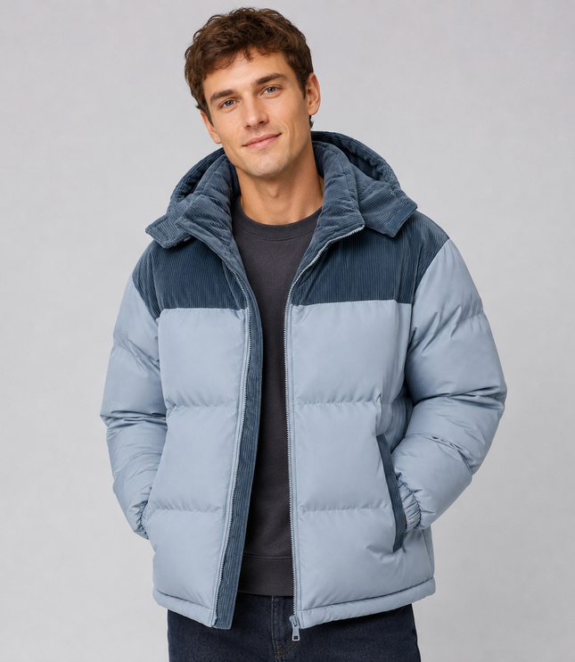 Men's Ribbed Shoulder Roomy Hood Puffer Jacket
