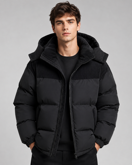 Men's Ribbed Shoulder Roomy Hood Puffer Jacket