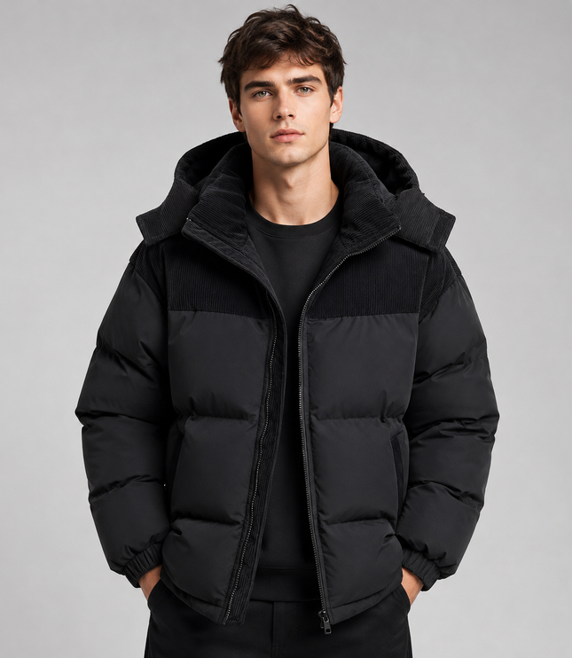 Men's Ribbed Shoulder Roomy Hood Puffer Jacket