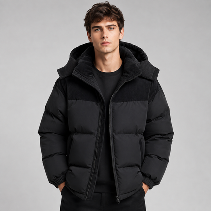 Men's Ribbed Shoulder Roomy Hood Puffer Jacket