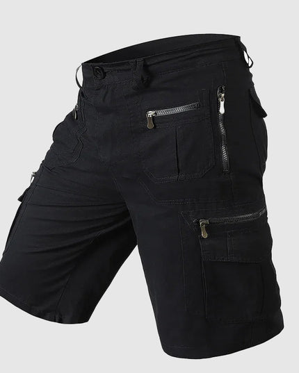 Black cargo shorts with zipper pockets and reinforced utility design