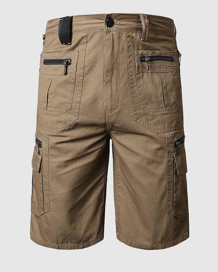 Tan cargo shorts back view showing multiple zipper pockets and utility design