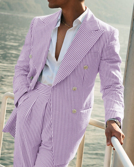 Lavender and white striped seersucker double breasted wedding suit full length