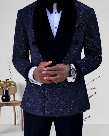 Navy blue sequin formal blazer with black shawl lapel and single button