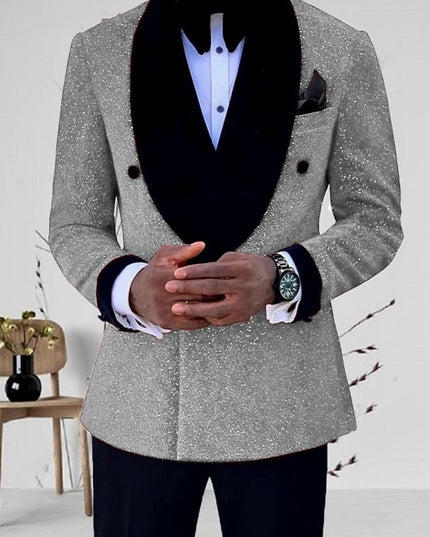 Silver sequin cocktail blazer with black velvet collar and one button