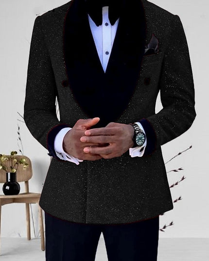 Black sequin formal suit jacket with shawl collar and single button