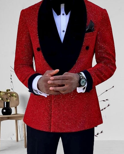 Red sequin blazer with black velvet shawl collar and one button closure