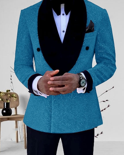 Teal sequin formal blazer with black shawl lapel and single button