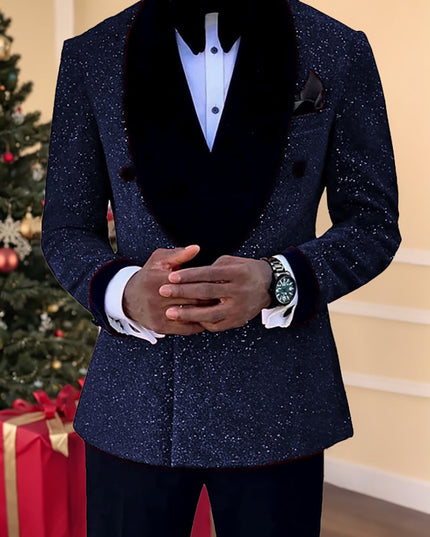 Navy blue sequin suit jacket with black velvet collar front view detail
